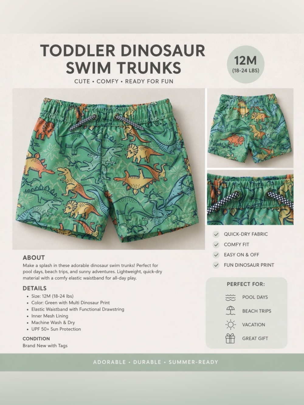 Green Dinosaur Toddler Swim Trunks - Brand